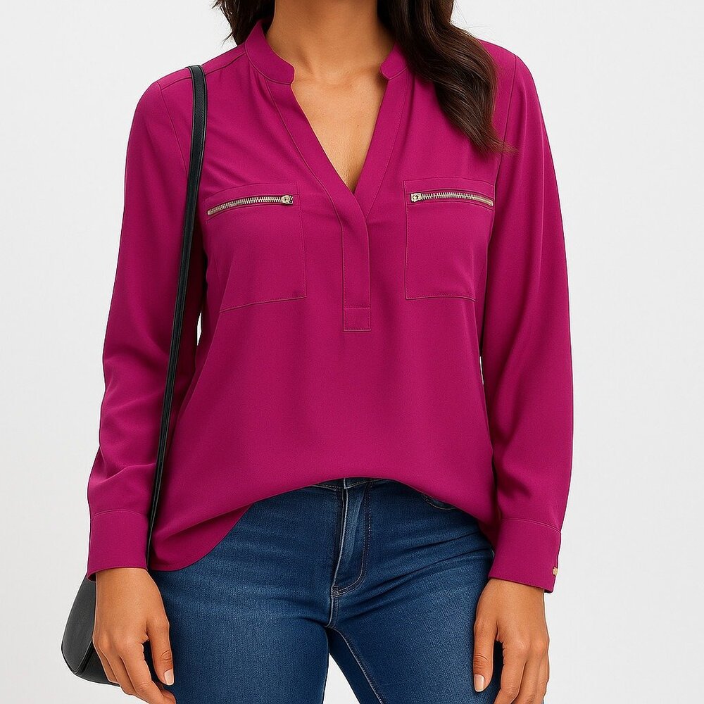 Ophelia Roe XL Blouse Top Magenta Zip Pocket Long Sleeve V-Neck Work Office Chic